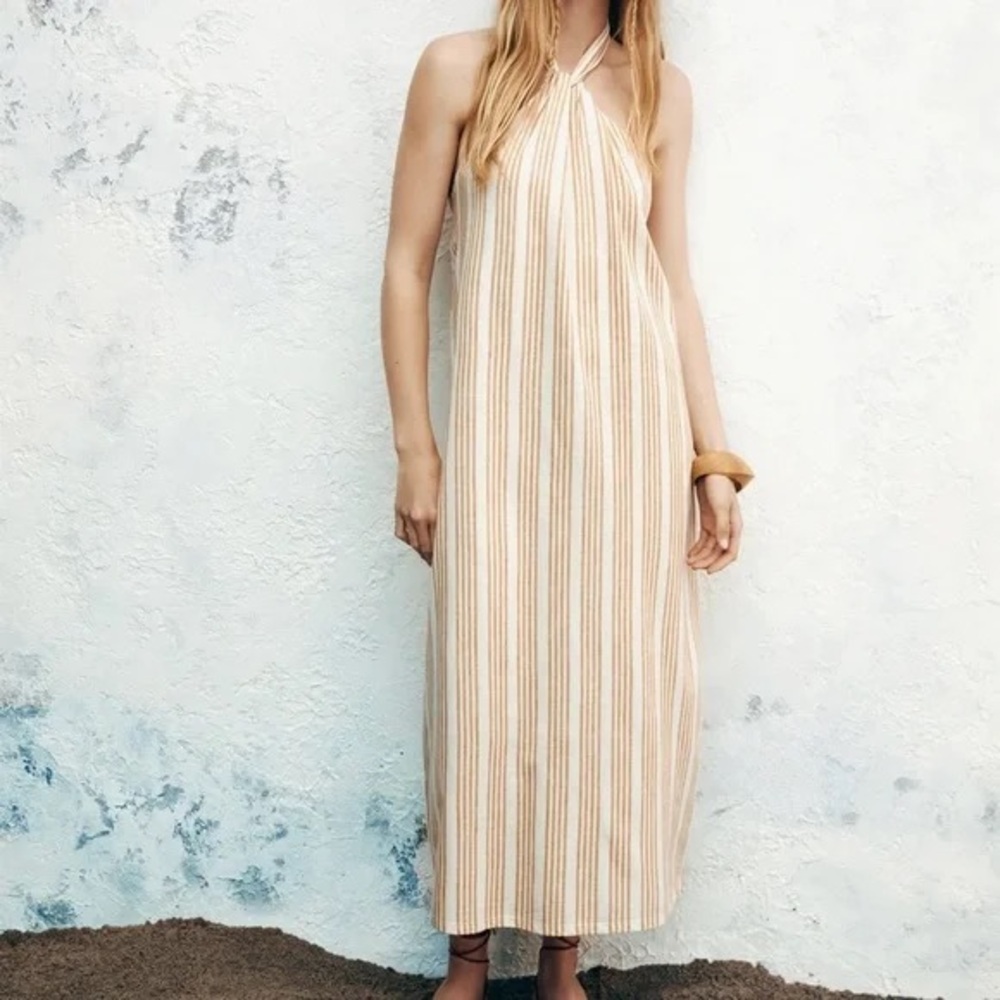 Zara - Striped Yellow And White Halter Neck Sleeveless Maxi Dress Size Small
